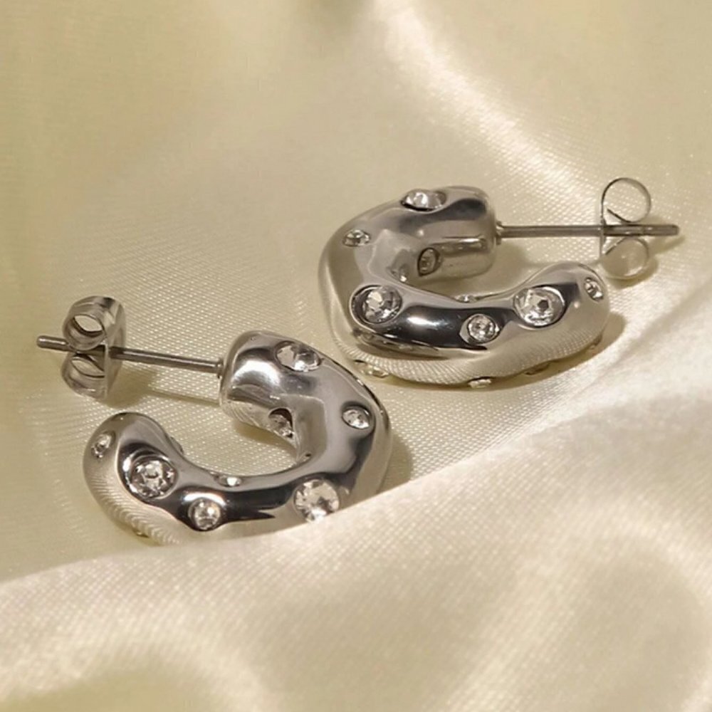 Stainless Steel Cubic Zirconia Decor Cuff Hoop Earrings F